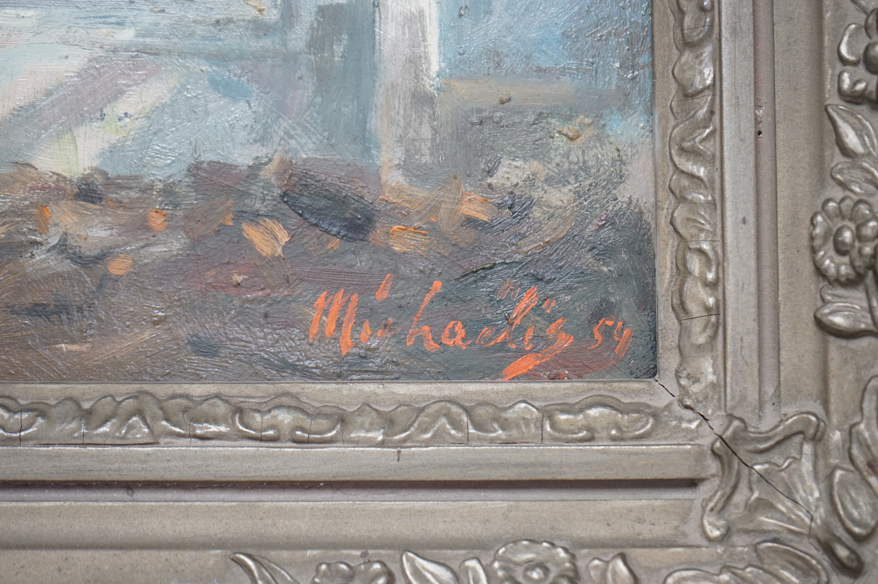 Mid century School, oil on board, Continental landscape with tree and villa, indistinctly signed and dated 1954, 44 x 55cm, ornate frame